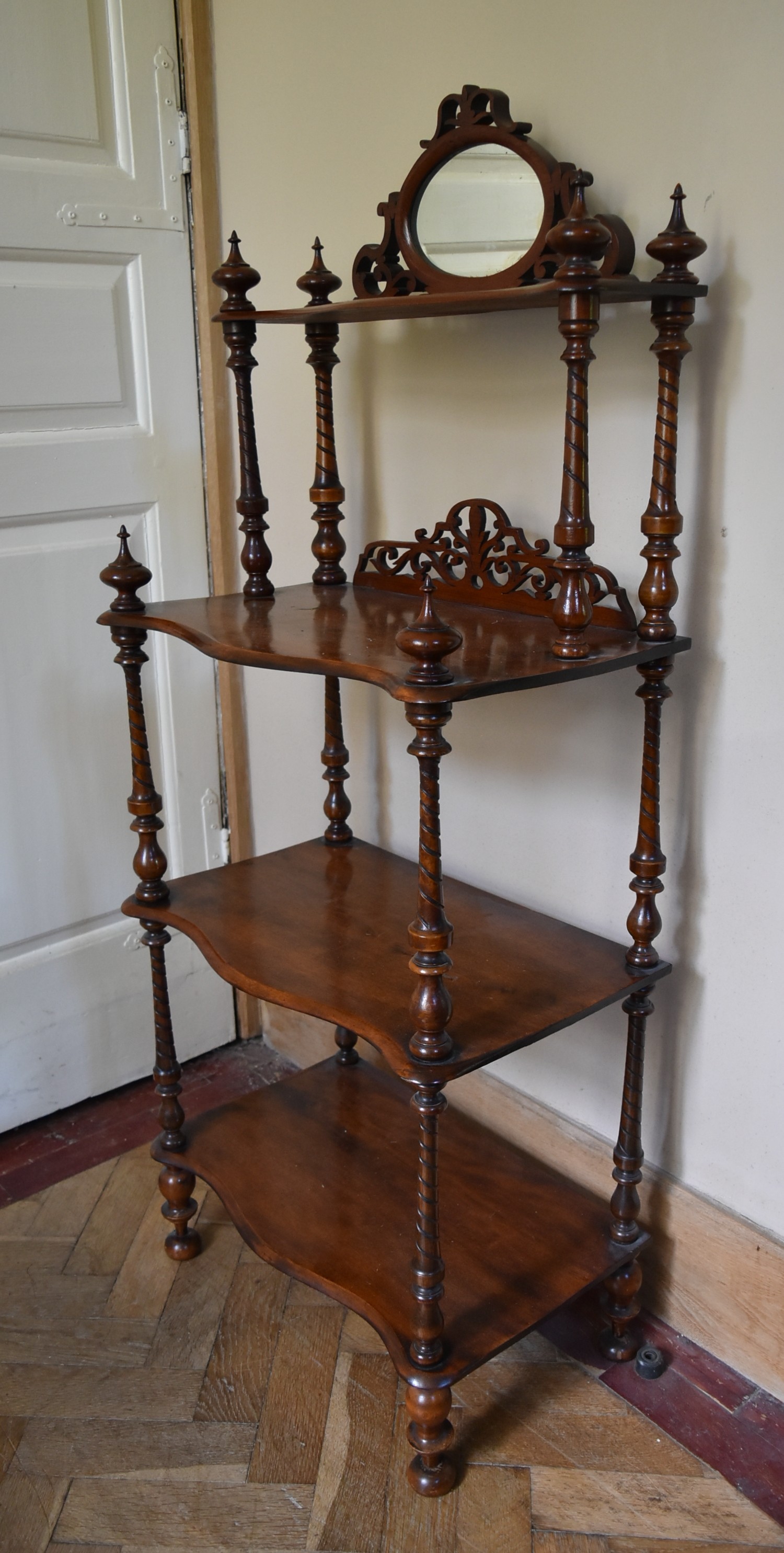 A Victorian rosewood four tier whatnot with pierced carved and mirrored back on turned supports. H. - Image 3 of 5