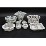 A collection of nine items of basket weave design bowls, dishes and vases by Herend with hand gilded