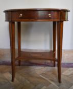 An Edwardian style burr elm lamp table with crossbanding and ebony stringing and frieze drawer on