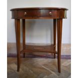 An Edwardian style burr elm lamp table with crossbanding and ebony stringing and frieze drawer on