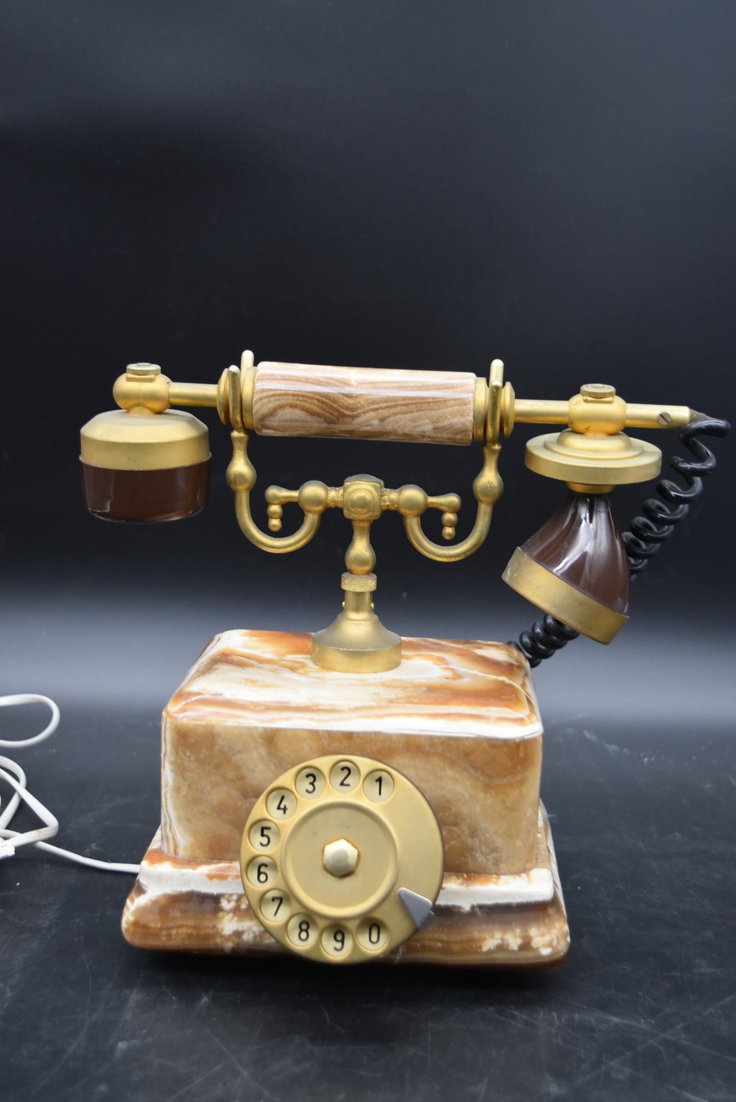 An alabaster and brass telephone in the antique style and a vintage green telephone cased in a - Image 3 of 13