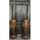 A pair of French Empire style faux marble table lamps with gilt metal ram's head detail. H.77cm W.