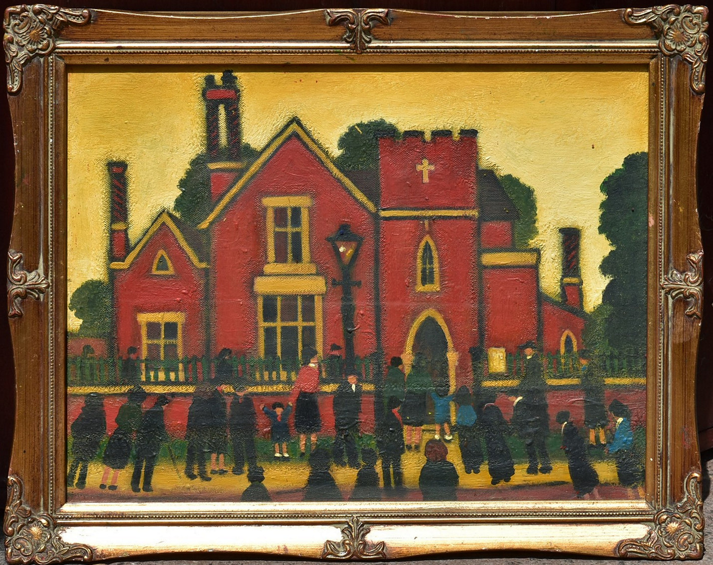 In the manner of Lowry, glazed oil on canvas, figures outside a church; Sunday Comes Around Very - Image 2 of 4