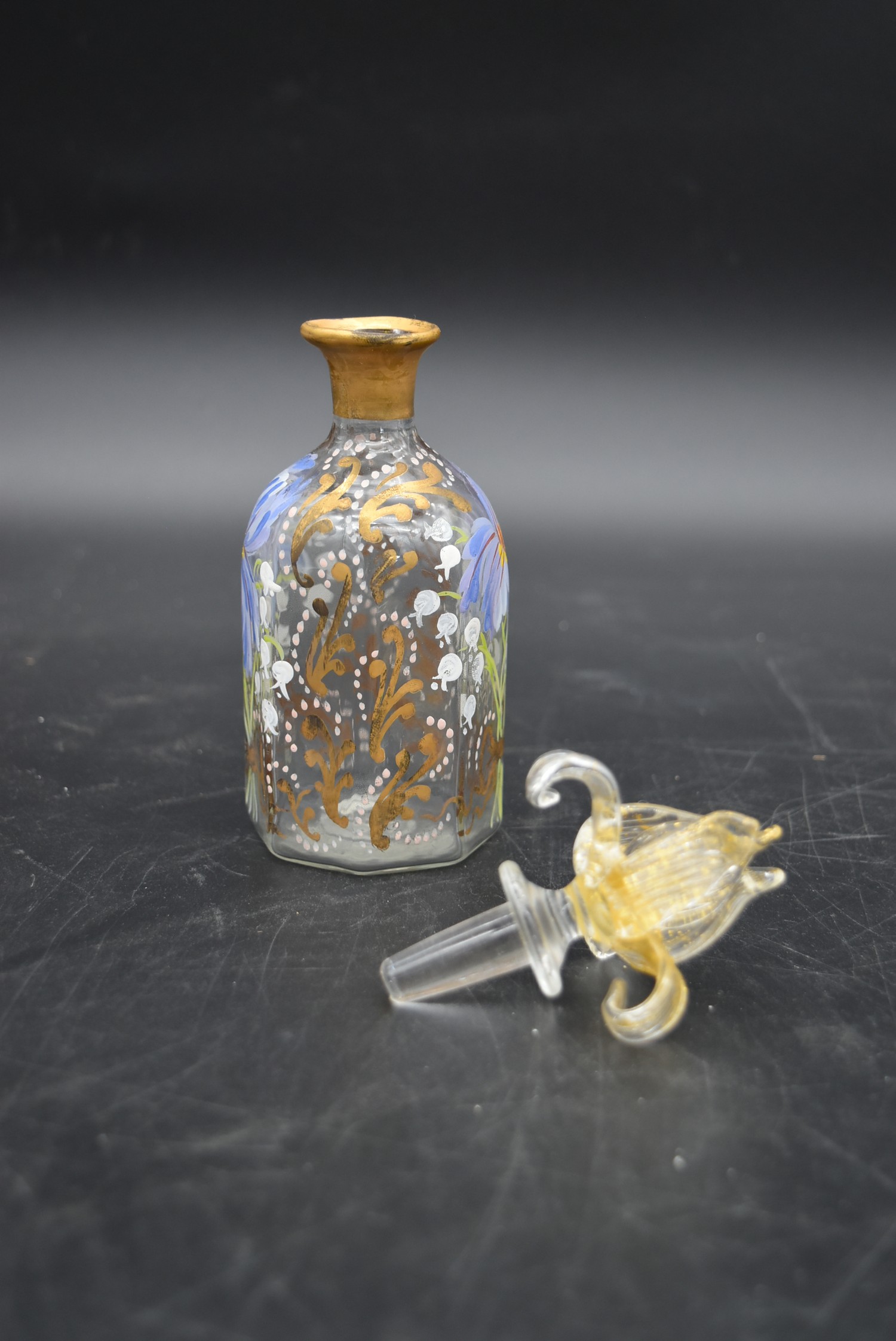 A collection of eight glass perfume bottles, hand painted and silver mounted, various hallmarks, H. - Image 3 of 14