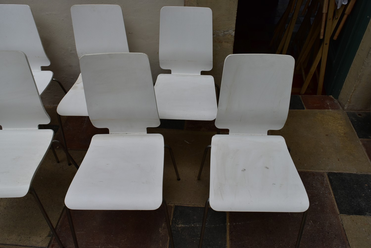 A set of six painted laminated dining chairs on tubular chrome bases. H.90 W.42cm - Image 3 of 6