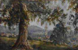 A framed and glazed watercolour, landscape with church in the distance, unsigned. H.33 40cm