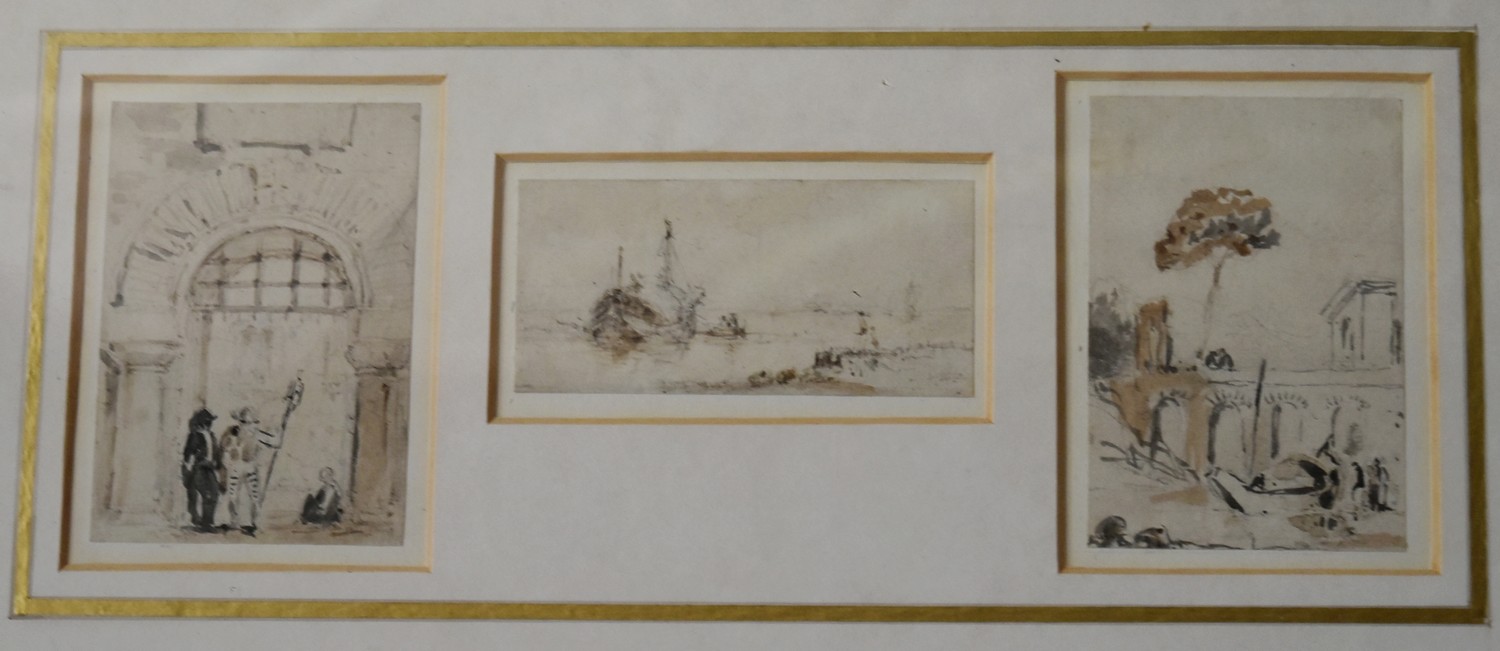 Three 19th century grand tour pencil sketches, framed and glazed. H.26 W.43cm