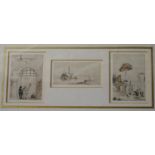 Three 19th century grand tour pencil sketches, framed and glazed. H.26 W.43cm