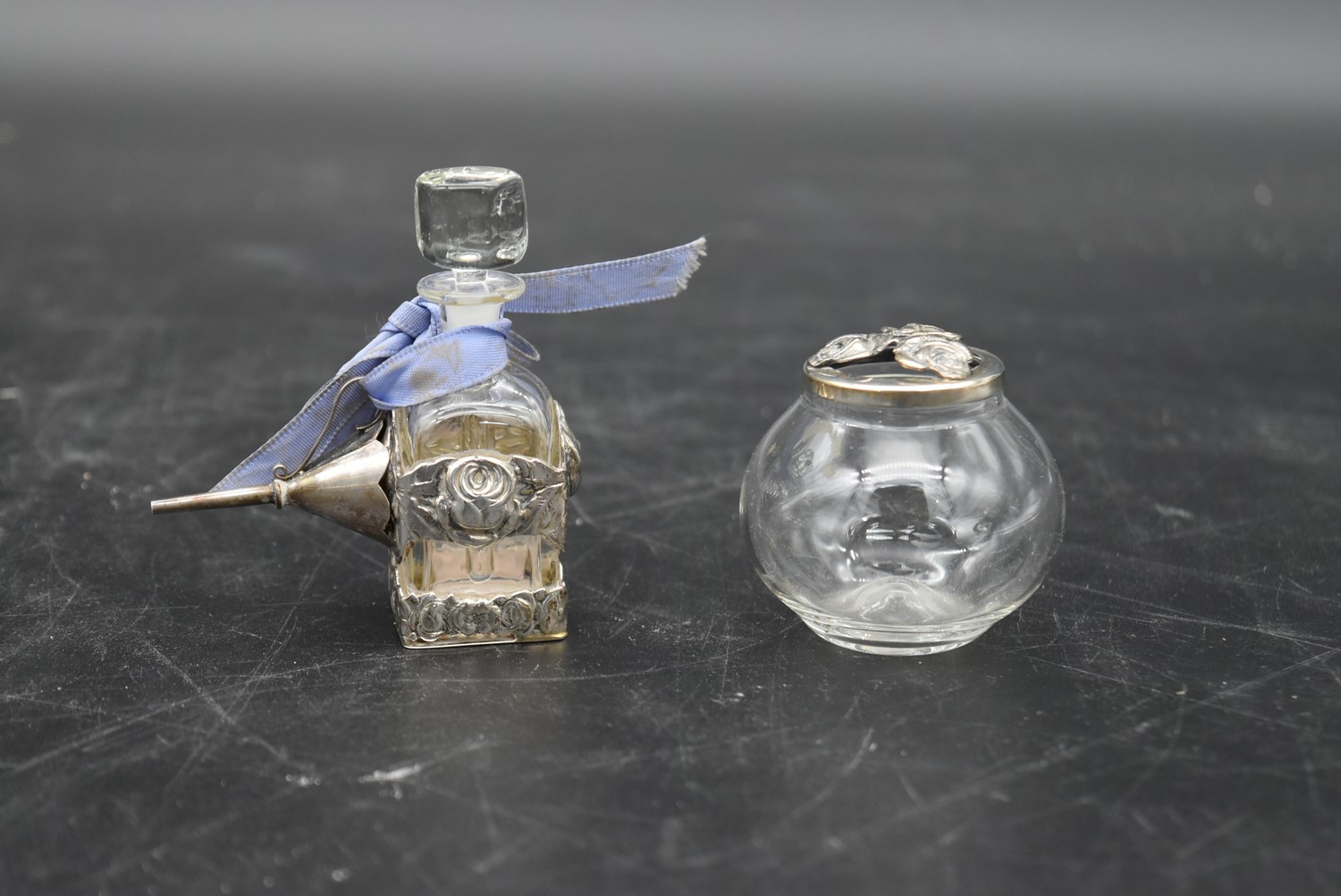 A collection of eight glass perfume bottles, hand painted and silver mounted, various hallmarks, H. - Image 11 of 14