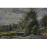 J Poole, a 19th century framed and glazed watercolour, riverscape, signed. H.54cm W.65cm