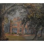 A framed and glazed watercolour, an old manor house through trees, unsigned. H.30 W.34