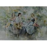 Gordon King (b.1939), a large framed and glazed watercolour, study of three young women laughing and
