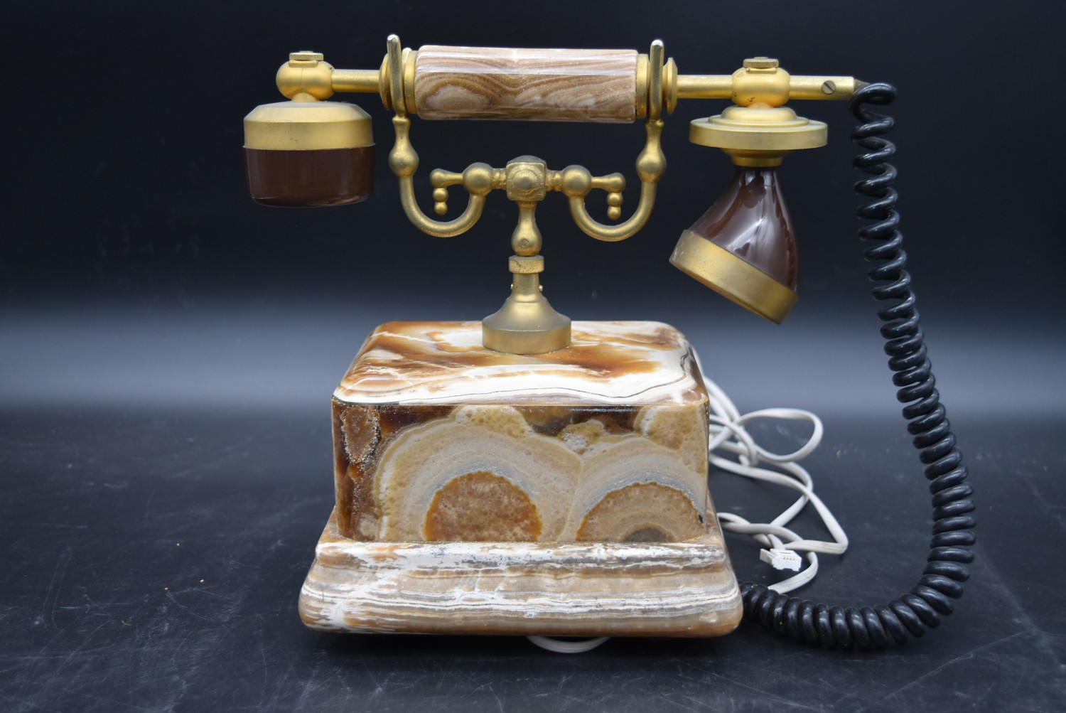 An alabaster and brass telephone in the antique style and a vintage green telephone cased in a - Image 6 of 13