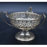 A Victorian silver bob bon dish with triple handles and pierced Greek key fret decoration,