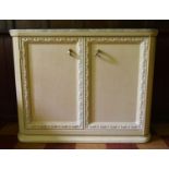 A contemporary kitchen island cabinet by Century with marble top and slides to each end above