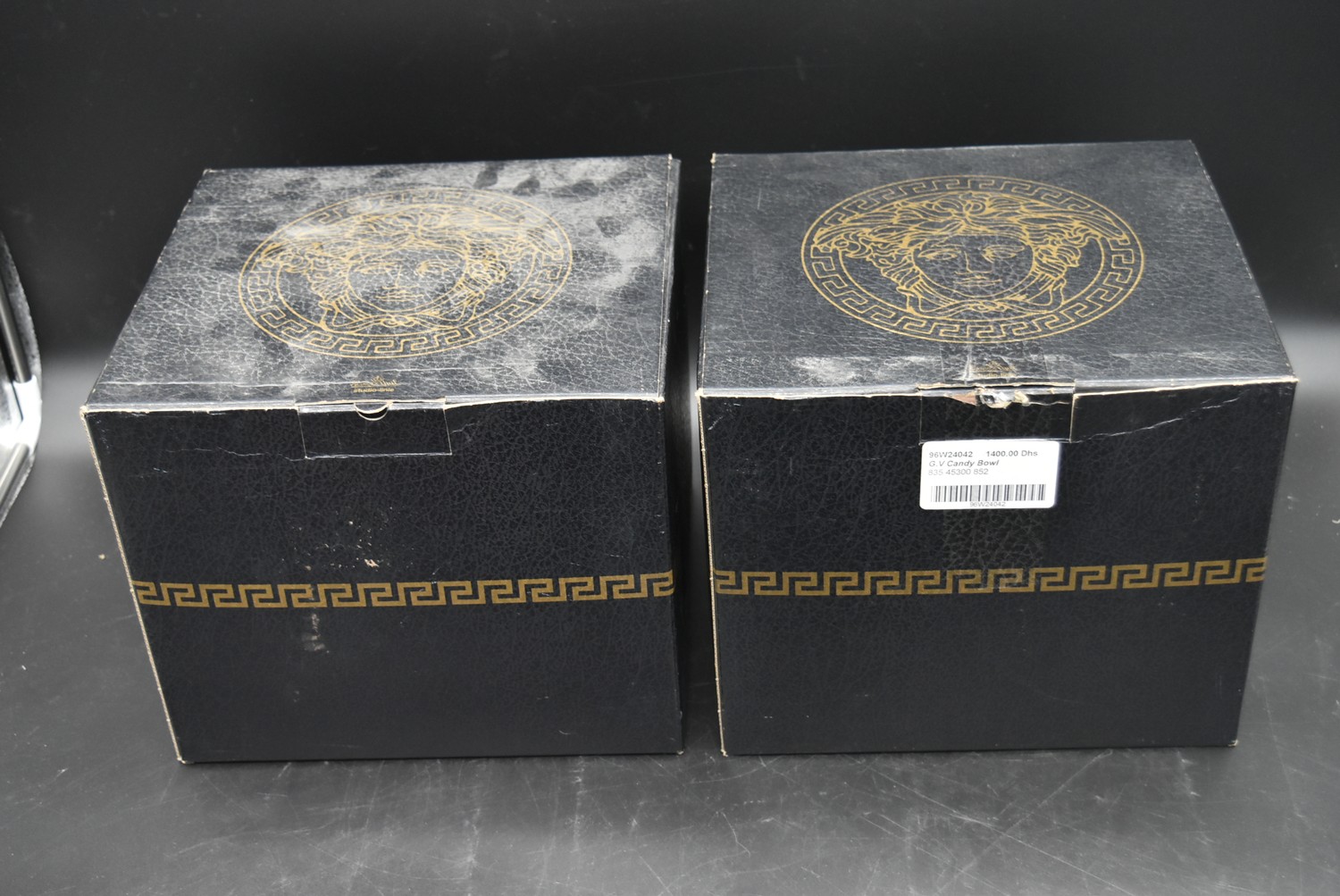 A boxed pair of Versace glass candy bowls with Medusa mask stems by Rosenthal. H.25cm - Image 6 of 7