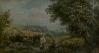 After Miles Birkett Foster, a watercolour, bucolic country scene with seated figures and village