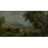 After Miles Birkett Foster, a watercolour, bucolic country scene with seated figures and village