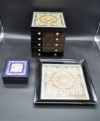 A lacquered Gianni Versace tray along with a similar jewellery chest and a lidded trinket box. H.