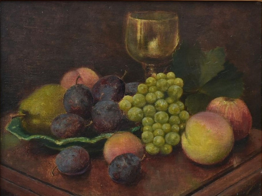 A 19th century gilt framed oil on panel, Continental style still life, indistinctly signed. H.46 W.