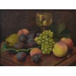 A 19th century gilt framed oil on panel, Continental style still life, indistinctly signed. H.46 W.