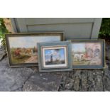 A framed oil on canvas, hunting scene, a smaller similar and an oil on canvas of sailing ships at