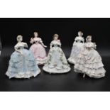 A collection of five limited edition Royal Worcester figures, Victorian style ladies in ball