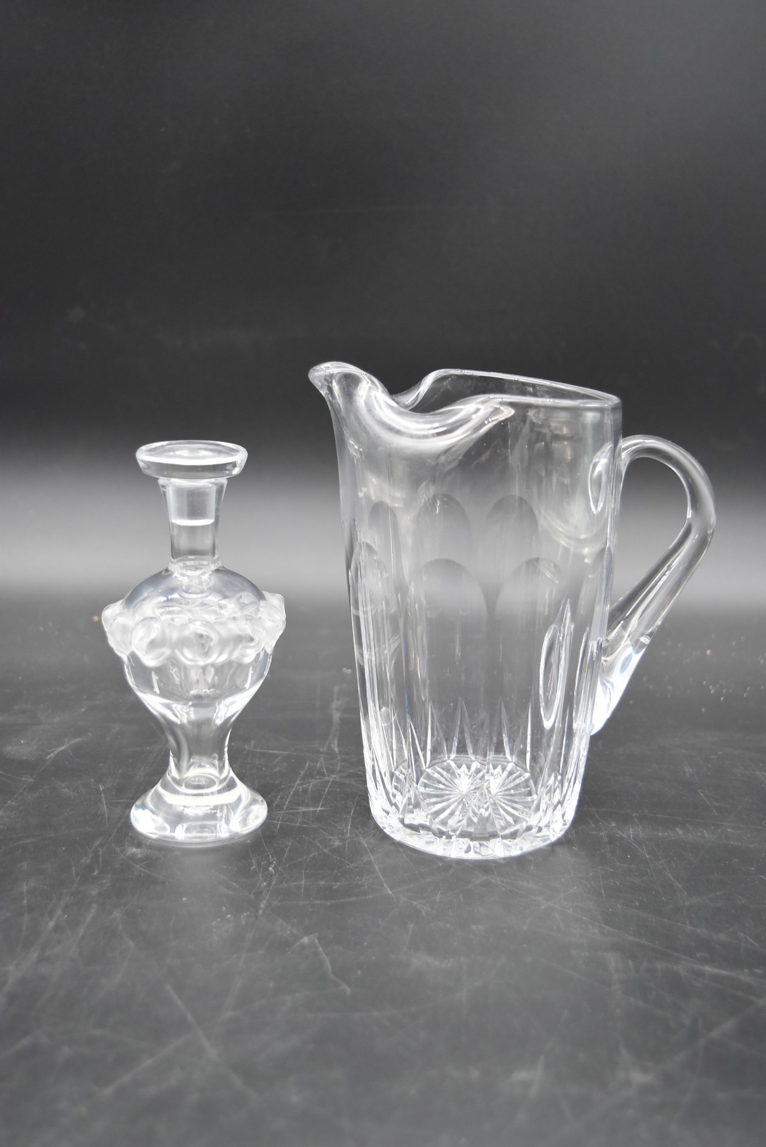 A small signed Lalique jar and stopper along with a pair of cut crystal candlesticks, a pair of - Image 5 of 7