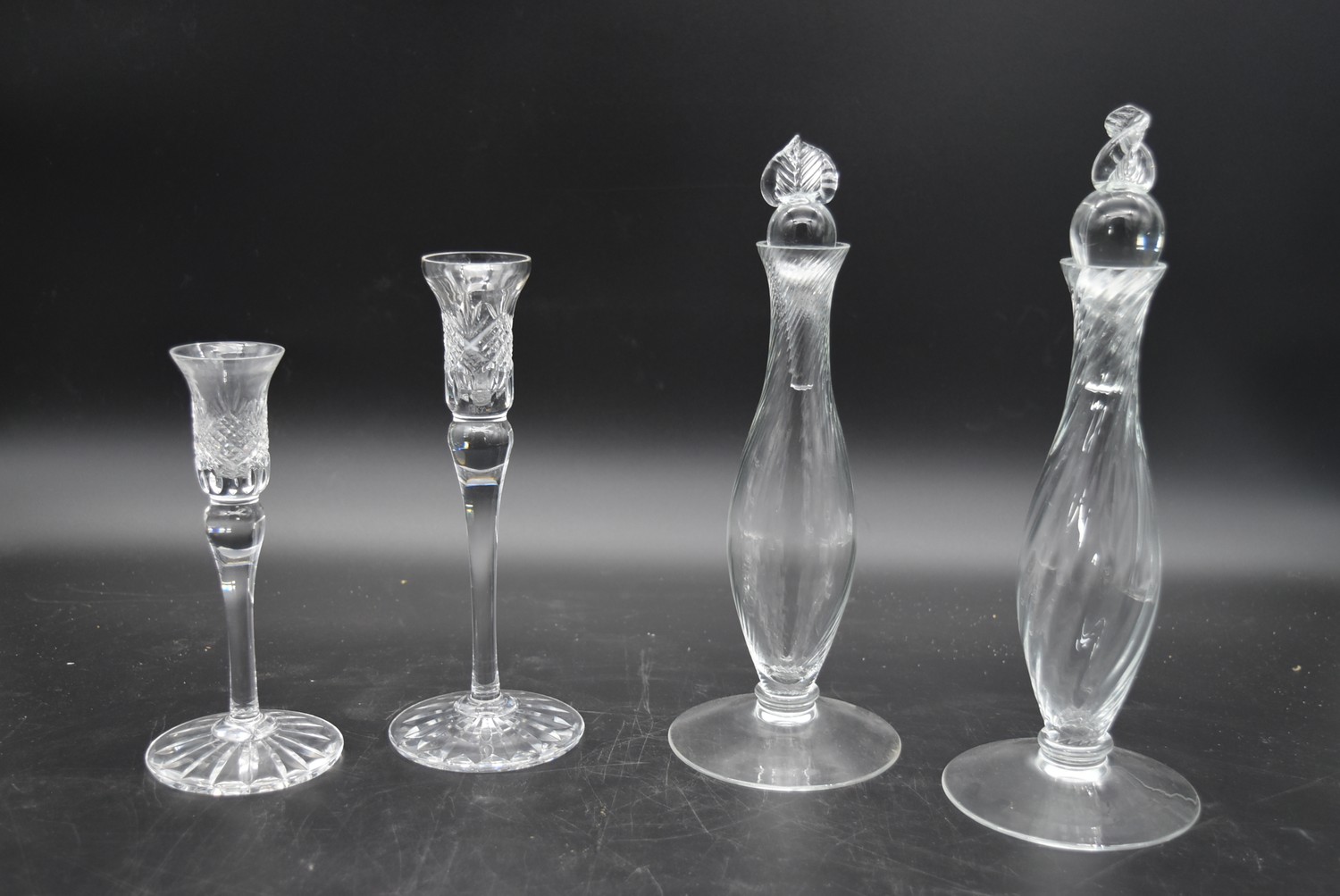 A small signed Lalique jar and stopper along with a pair of cut crystal candlesticks, a pair of - Image 2 of 7