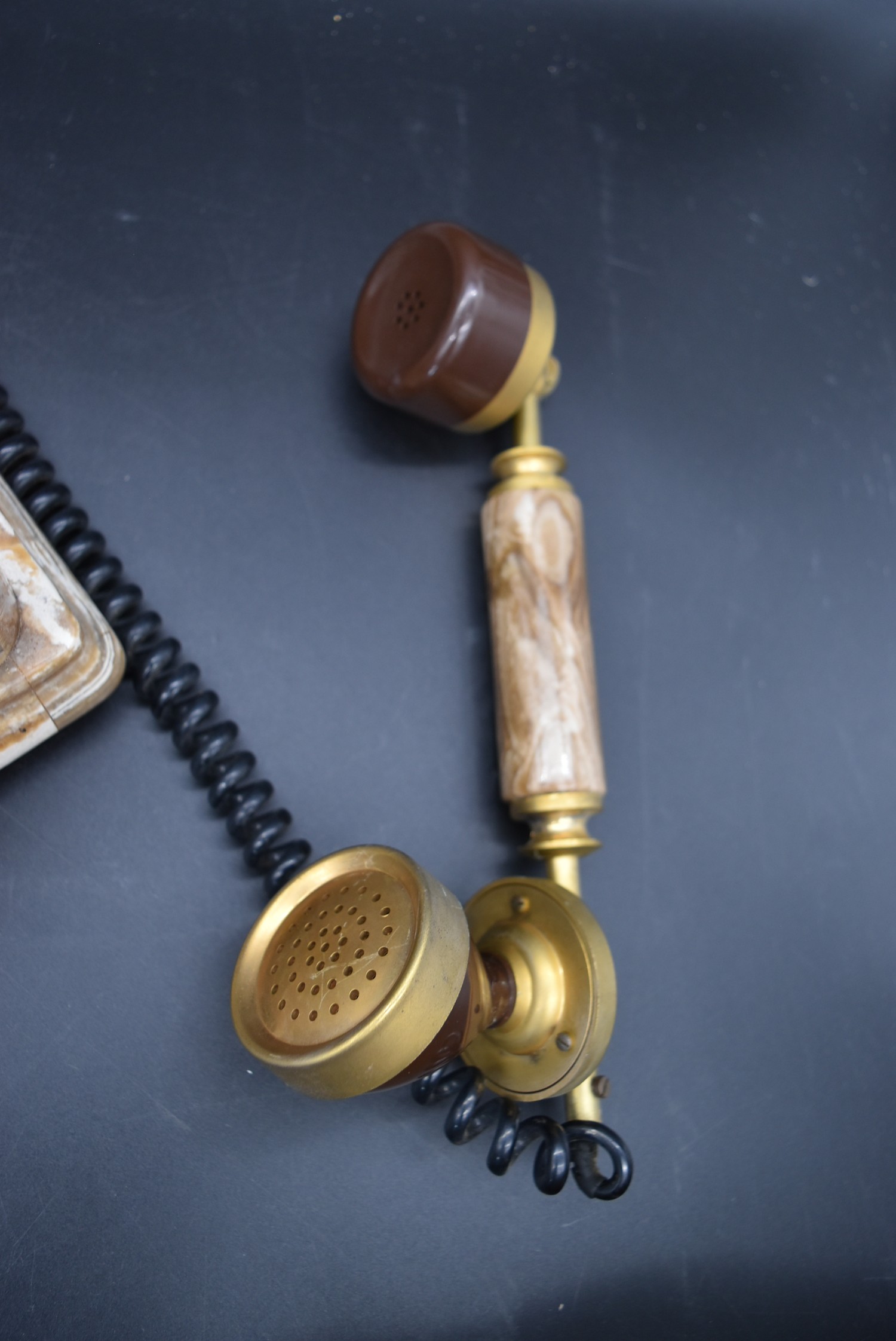 An alabaster and brass telephone in the antique style and a vintage green telephone cased in a - Image 5 of 13