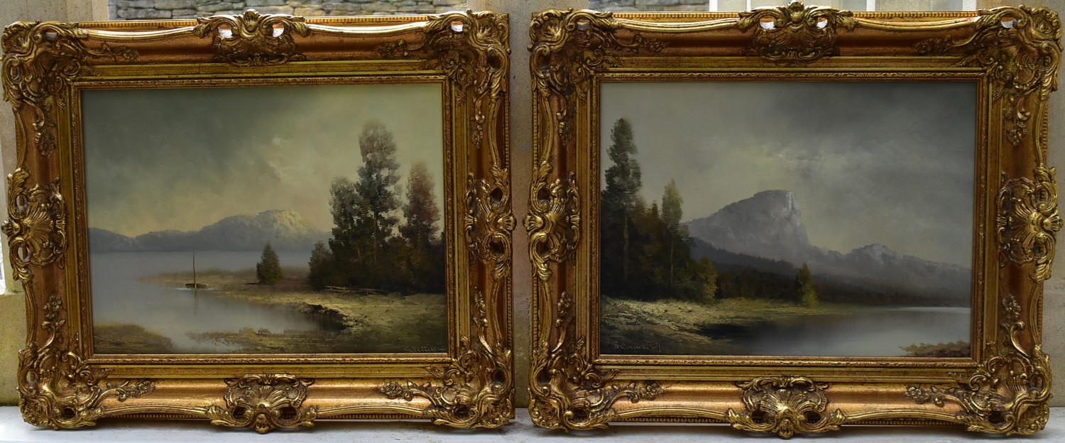 A pair of gilt framed oils on canvas, moonlit lakescapes, indistinctly signed with gallery label for