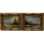 A pair of gilt framed oils on canvas, moonlit lakescapes, indistinctly signed with gallery label for