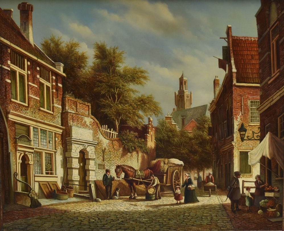 Pieter Cornelius Steenhouwer (1896-1972) a gilt framed oil on panel, Flemish street scene with