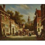 Pieter Cornelius Steenhouwer (1896-1972) a gilt framed oil on panel, Flemish street scene with