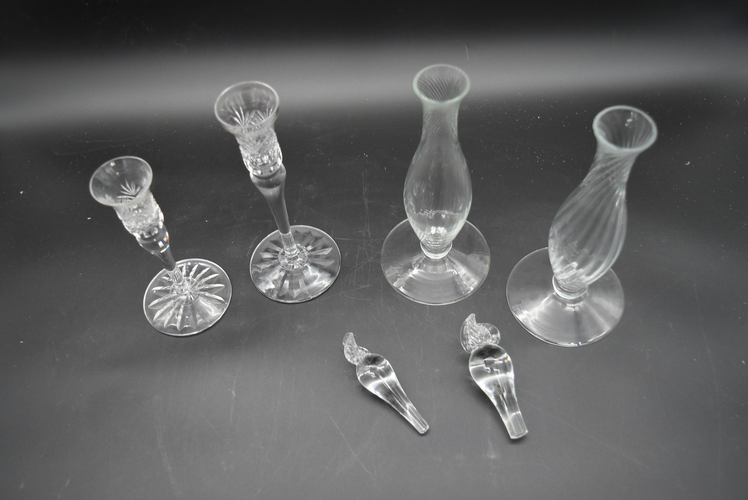 A small signed Lalique jar and stopper along with a pair of cut crystal candlesticks, a pair of - Image 3 of 7