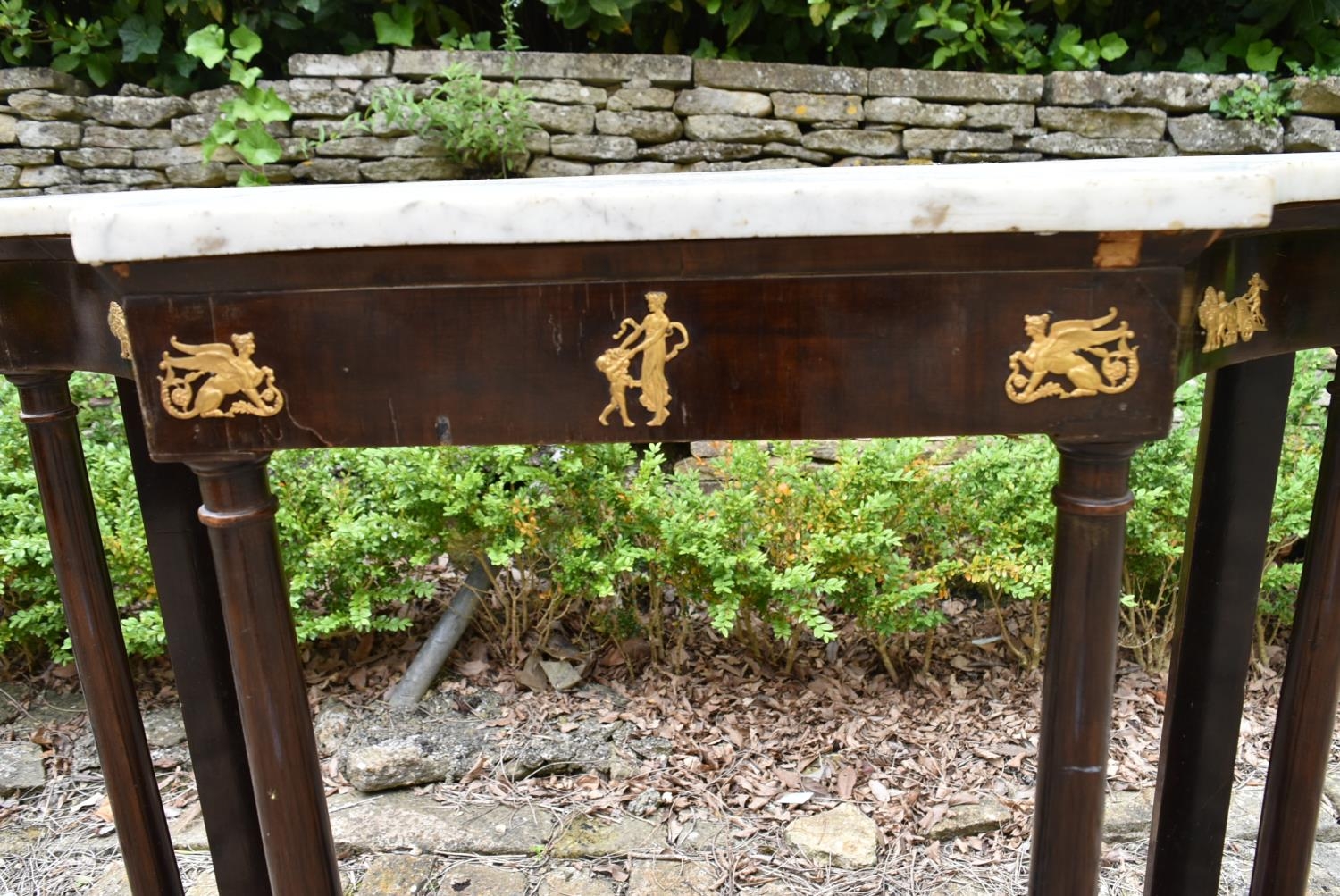 A pair of French Empire mahogany console tables with marble tops and classical motif ormolu mounts - Image 6 of 10