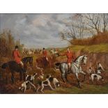 In the manner of E. B. Herberte, a gilt framed oil on board, a hunting scene. H.80 W.93cm