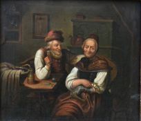 A 19th century oil on board in ornate gilt frame, an old couple seated together, unsigned. H.34 W.