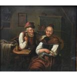 A 19th century oil on board in ornate gilt frame, an old couple seated together, unsigned. H.34 W.