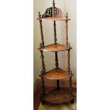 A Victorian burr walnut and satinwood floral inlaid four tier corner whatnot on turned supports. H.