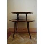 A 19th century rosewood two tier etagere with shaped top and brass carrying handles on slender