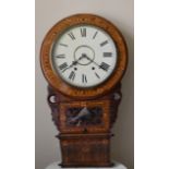 A 19th century drop dial wall clock with enamel face and Roman numerals in inlaid walnut case. H.