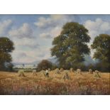 P J Greenhill, a gilt framed oil on canvas, harvest scene, signed with artist's short biography to