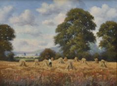 P J Greenhill, a gilt framed oil on canvas, harvest scene, signed with artist's short biography to