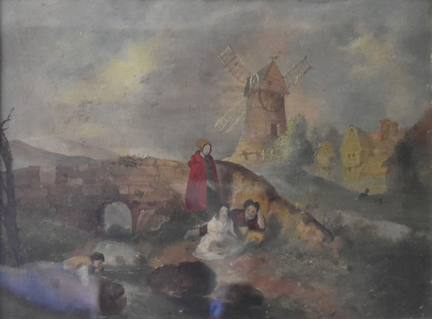 An early 19th century gilt framed oil on tin, figures by a bridge in a rural village setting with