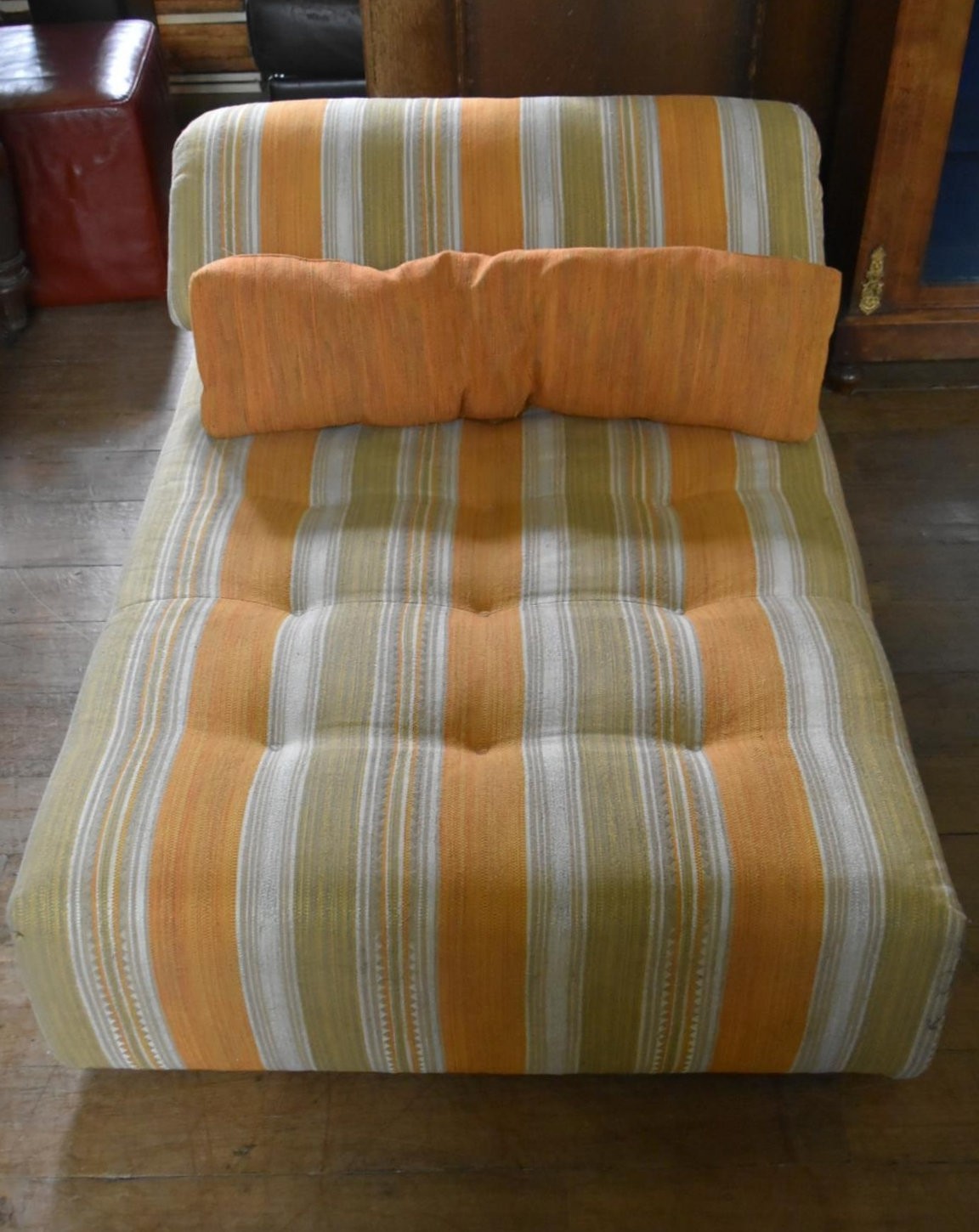 A Roche Bobois chaise in soft candy stripe buttoned upholstery with bolster cushion. H.60 L.140 W. - Image 2 of 5