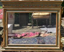 A 19th century French painted overmantel mirror with gilt floral husk and palmette decoration