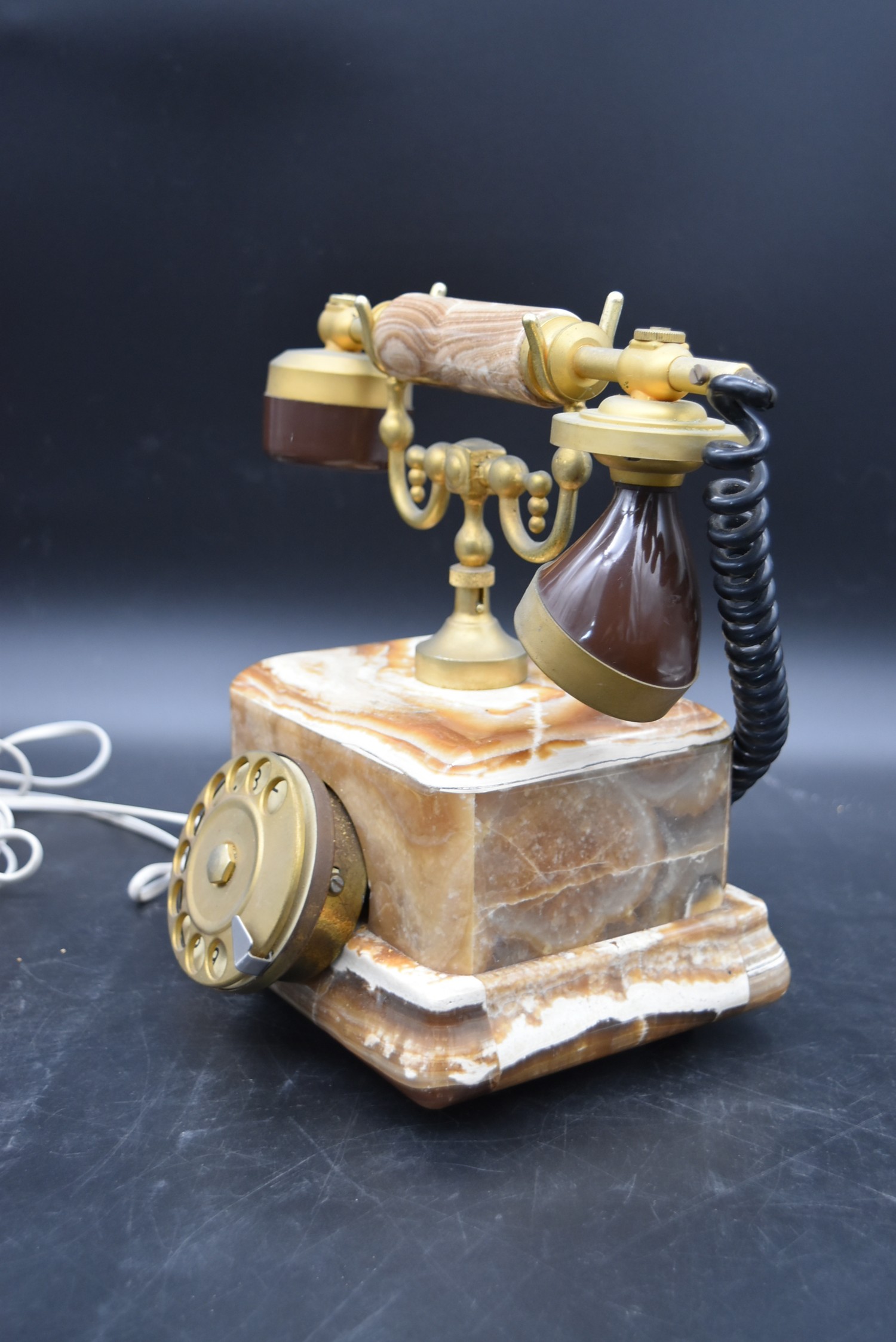 An alabaster and brass telephone in the antique style and a vintage green telephone cased in a - Image 4 of 13