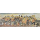 A framed and glazed Indian painting on ivory, a large Royal hunting procession, with many elephants,