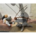 Ross Bonfanti, concrete and mixed material sculptures, two dogs and a bird on a branch, signed and